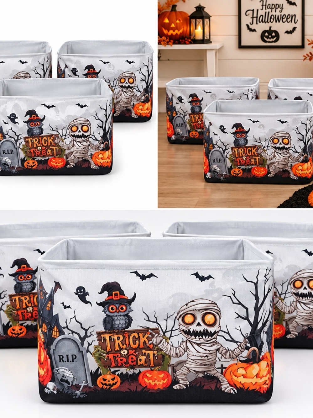 Halloween Trick or Treat Fabric Storage Bin - Gray & Orange